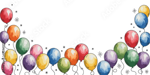 banner. frame hand drawn cartoon watercolor balloons symbols of party. design holiday greeting card and invitation of holidays background