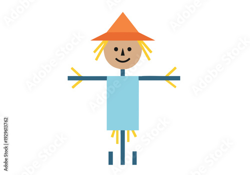 Cute and friendly scarecrow illustration with orange hat and blue shirt, perfect for autumn and harvest themes