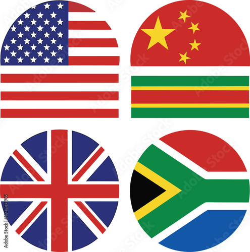 Global National Flag Icon Set with United States China United Kingdom and South Africa for Travel and International Design