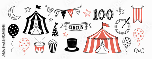 Hand drawn doodle circus elements. Vintage clipart