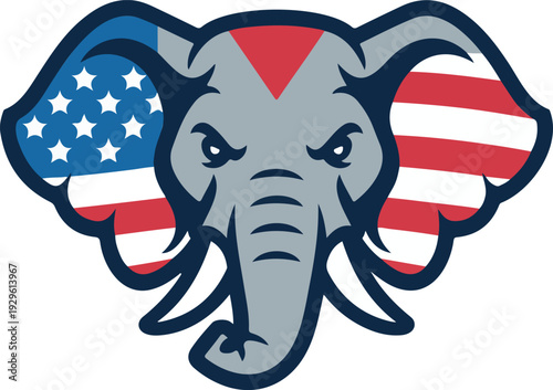 Angry Elephant Head with American Flag Pattern on Ears Bold Patriotic Vector Illustration