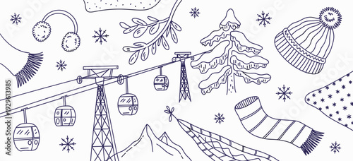 Hand drawn doodle ski essentials collection. Winter activities