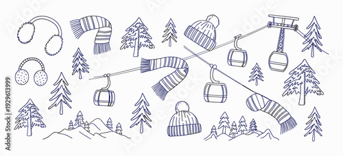 Hand drawn doodle ski essentials collection. Winter activities