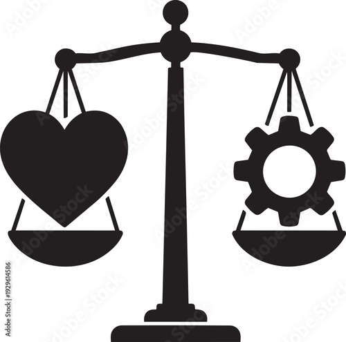 Scales of justice balancing a heart and a gear, representing the balance between emotion and logic, or ethics in industry.