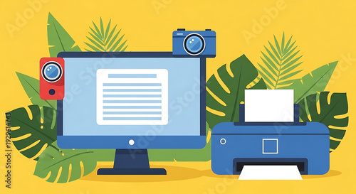 Flat vector illustration of a workspace with computer monitor blue printer digital cameras and tropical leaves background