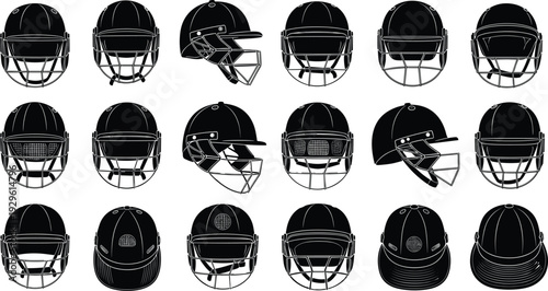 Cricket Helmet Silhouette Vector Set with Protective Face Guards, Sports Safety Gear, Batting Helmets, Professional Cricket Equipment, Head Protection Icons