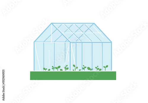 Illustration of a greenhouse structure with young plants growing inside, signifying growth and cultivation