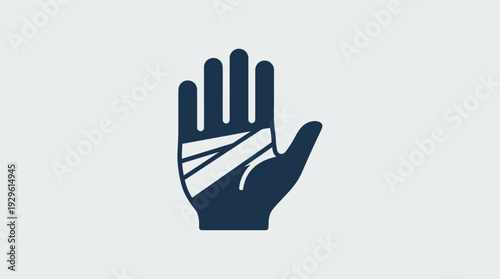 Healthcare icon showing a bandaged human hand, signifying injury, pain relief, or recovery process. Medical symbol representing first aid and healing