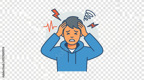 Cartoon of an overwhelmed person experiencing severe headache, anxiety, and mental stress, depicting exhaustion and emotional distress