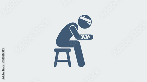 An illustration of an injured person sitting on a stool with a bandaged head and arm