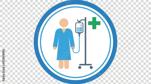 Medical icon representing a patient receiving intravenous treatment with a green cross indicating healthcare services