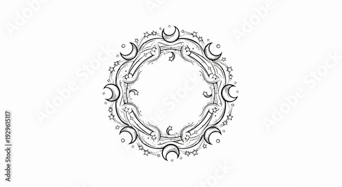 Celestial crescent moon and star circular frame with ornate swirling patterns