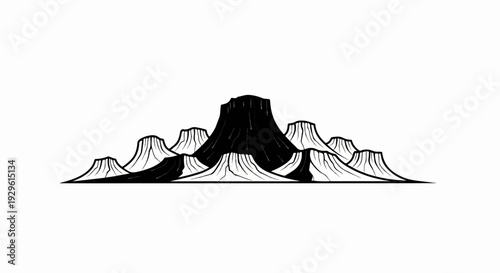 Stylized black and white mesa formation with a dark, imposing central peak
