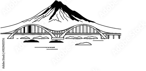 Majestic mountain peak overlooks a curved bridge spanning tranquil waters below