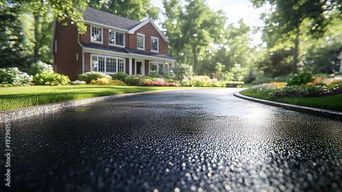 Beautiful Suburban Home with Lush Greenery and Wet Driveway.