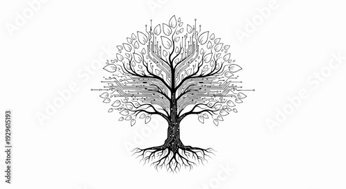 A stylized tree merges nature and technology with circuit board trunk and leaves