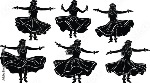 Hula dancer silhouette collection, traditional Hawaiian dance poses with floral lei and skirt, black vector illustration isolated