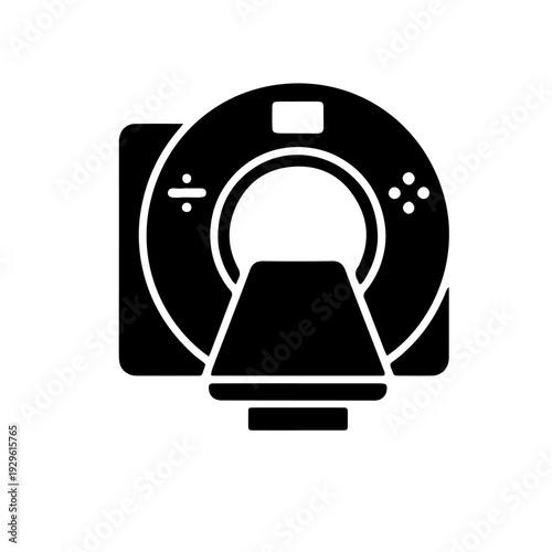 Black and white simple vector graphic illustration representing a modern computed tomography medical scanning machine icon