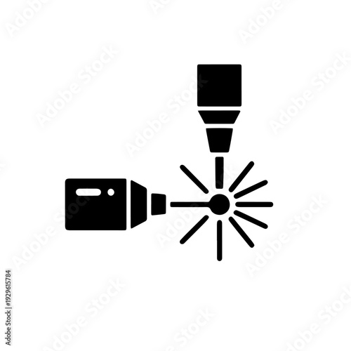Minimalist black and white vector graphic illustration depicting two opposed laser emitters interacting at a central point for cutting or engraving.