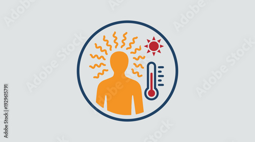 Fever and high temperature icon showing a person with heat radiating and a thermometer indicating heat