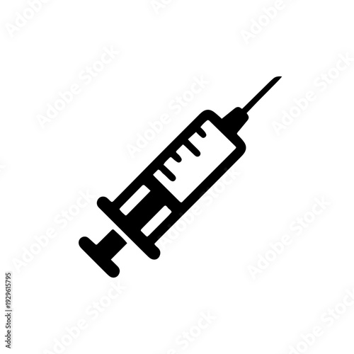 Black vector graphic illustration of a medical syringe with a needle, symbolizing essential healthcare, vaccination, and modern medicine.