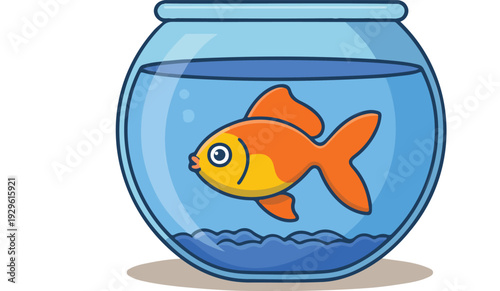 Adorable Orange Goldfish Swimming in Clear Round Fish Bowl Hand Drawn Vector Illustration