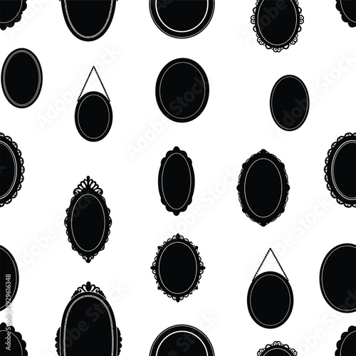 Seamless pattern with vintage silhouette oval picture frames on transparent grid