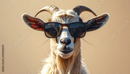 Humorous portrait of a stylish goat wearing cool sunglasses, exuding a confident and quirky animal personality