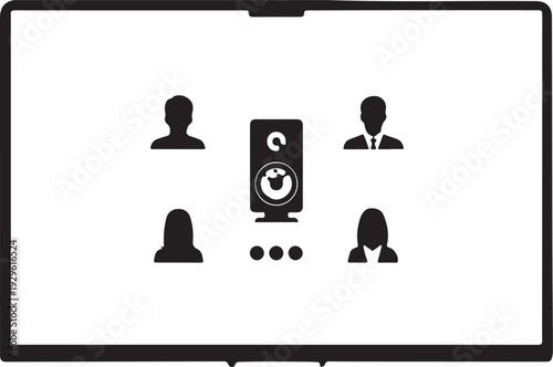 Video conferencing meeting with people icons on digital screen interface illustration