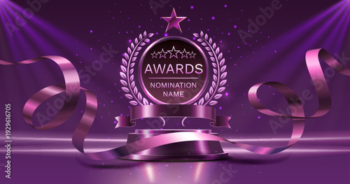 Awards ceremony stage with purple podium and star.