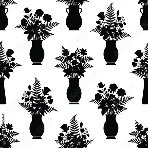 Flower bouquet vase pattern silhouette on checkered transparent background set