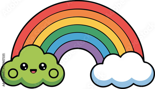 Simple Cute Cartoon Rainbow with White Outlines Minimalist Illustration on Light Gray Background Vector