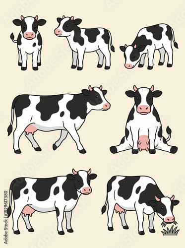 Cartoon dairy cows set in various poses including standing walking sitting and grazing on grass flat vector illustration of farm domestic animals