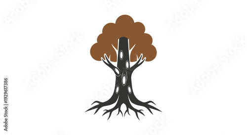 Tree with brown leaves and roots.