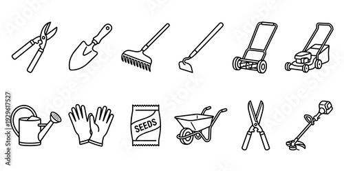 Essential Gardening Tools Line Art Icon Set with Lawn Mower Rake Shovel Watering Can Wheelbarrow and Trimming Shears for Horticulture and Landscaping