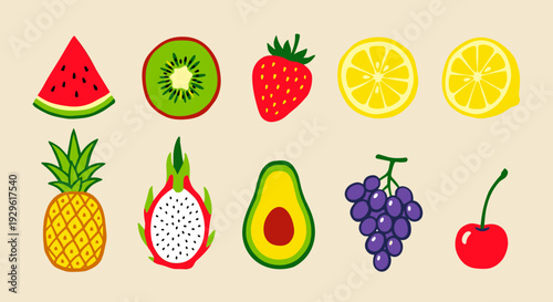 Delicious Fresh Sliced Tropical Fruits Collection Including Watermelon Kiwi Strawberry Lemon Pineapple Dragon Fruit Avocado Grapes and Cherry Illustrations