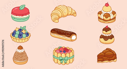 Gourmet French Pastries and Bakery Desserts Collection with Croissant Macaron Eclair Tart Cream Puff and Chocolate Cake for Sweet Food Menu Design
