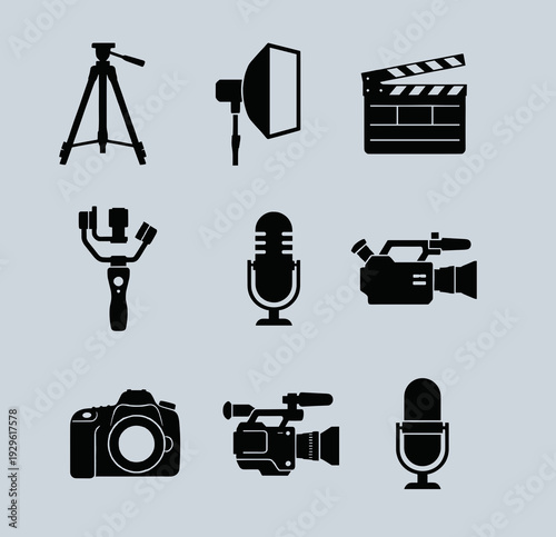 Professional Video Production and Filmmaking Equipment Icon Set Featuring Cameras Microphones Tripod Gimbal and Clapperboard Symbols for Media Creators