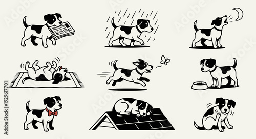 Adorable dog character daily activities and poses set featuring a cute puppy playing, sleeping, eating, and running for pet care and animal design.