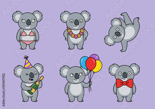 Fun koala character enjoying various activities including party with champagne, balloons, wearing bikini, tropical flower garland and doing handstand