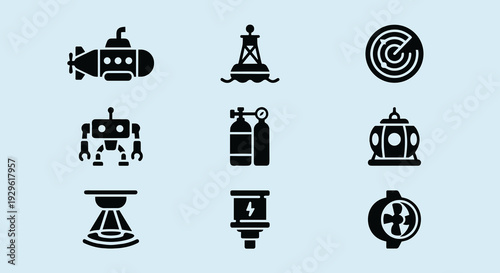 Underwater exploration and marine technology icons set featuring submarine, buoy, radar, diving robot, oxygen tank, bathyscaphe and underwater turbine