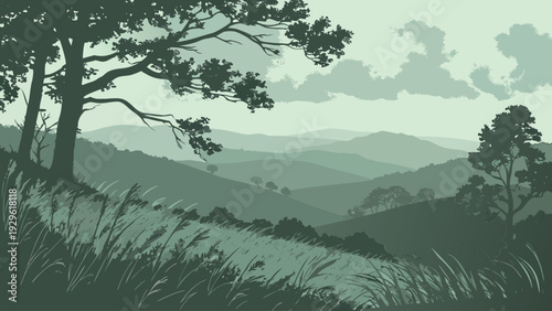 Vintage Style Monochromatic Sage Green Landscape Illustration of Rolling Hills and Trees