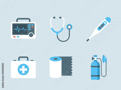 Medical Equipment and Healthcare Icons Featuring Heart Monitor Stethoscope Thermometer First Aid Kit and Oxygen Cylinder for Clinical Design