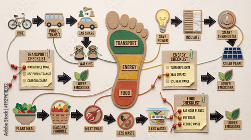 Carbon Footprint Reducers Infographic, Handmade Paper Cut Craft Flat Lay, Transport Energy Food Choices Flow Diagram for Sustainability Strategy.