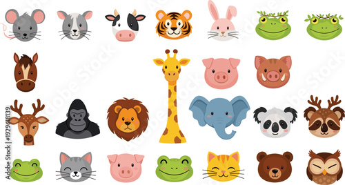 Cute Cartoon Animal Faces Collection Farm and Wild Vector Set