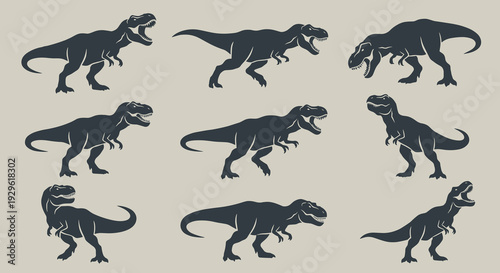 Tyrannosaurus Rex dinosaur silhouettes in diverse action poses including roaring running and walking isolated on light gray background for kids