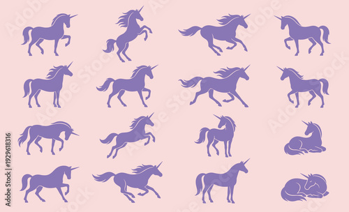 Purple unicorn silhouettes in various magical poses like galloping jumping standing and resting isolated on soft pink background for kids
