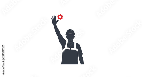 Worker in hard hat holding star icon.