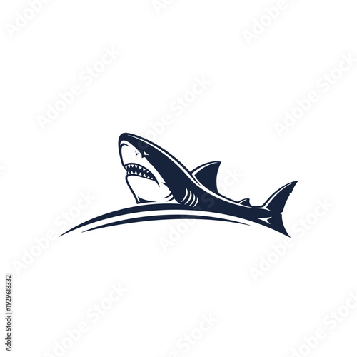 Dark blue shark illustration with open mouth and sharp teeth emerging from a wave
