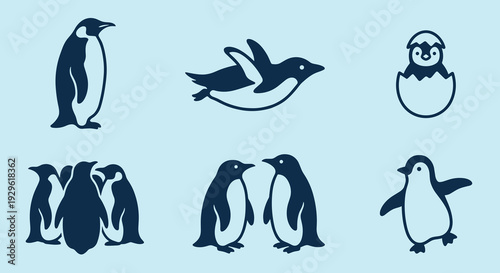 Minimalist blue penguin icons set featuring swimming walking hatching from egg and group huddled together for cold climate and wildlife themes